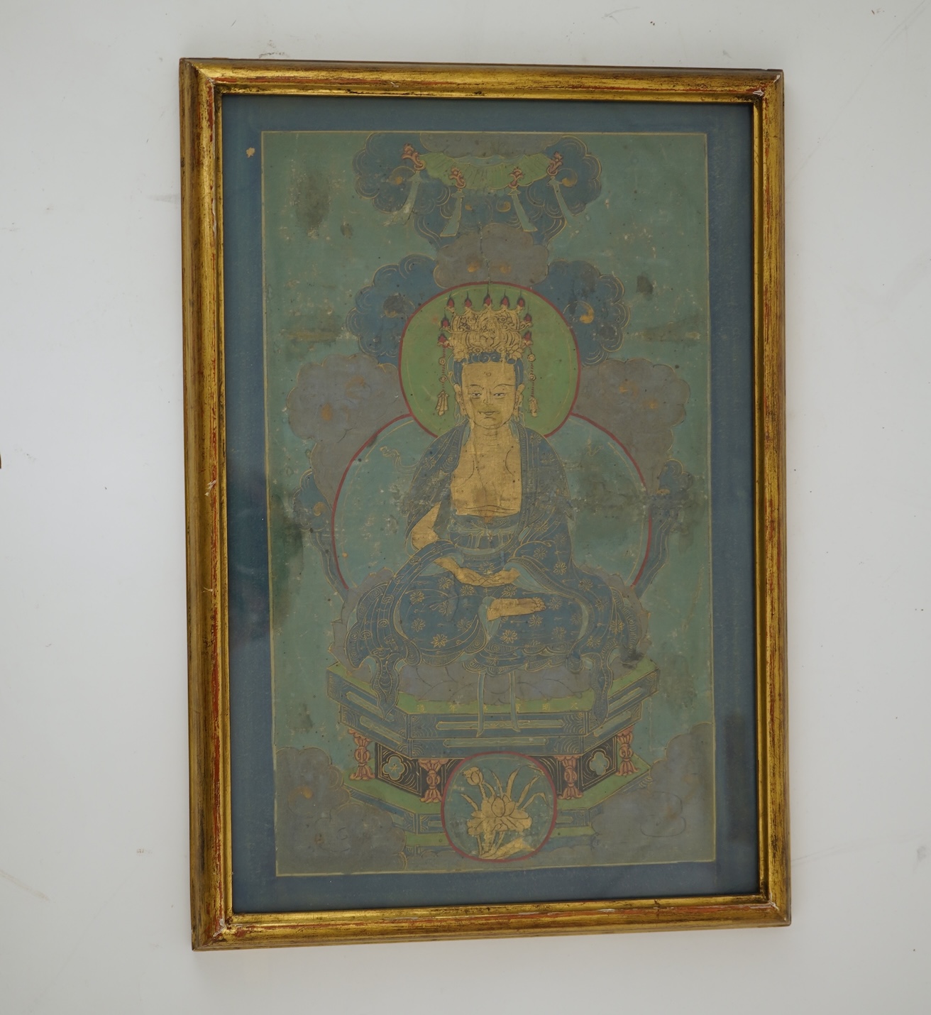 Sino-Tibetan School , (18th century or earlier), Bodhisattva seated on a throne, Painted thangka, 37cm x 22cm, gilt framed